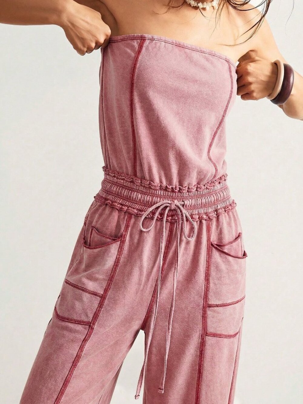 Rust Brown Casual Women's Knitted Strapless Jumpsuit - Picture 4 of 7